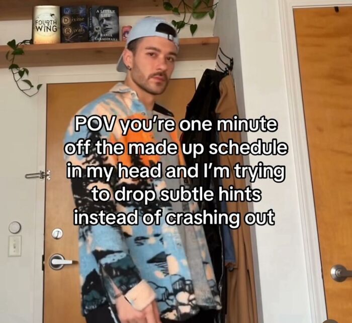 Young man in colorful shirt and backward cap, caption about subtle hints, representing cute and wholesome posts.