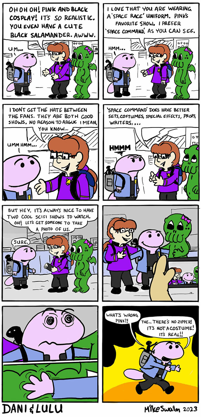 Comic strip featuring wholesome and witty comics about cosplay, sci-fi shows, and friendship by the artist Mike Swalm.
