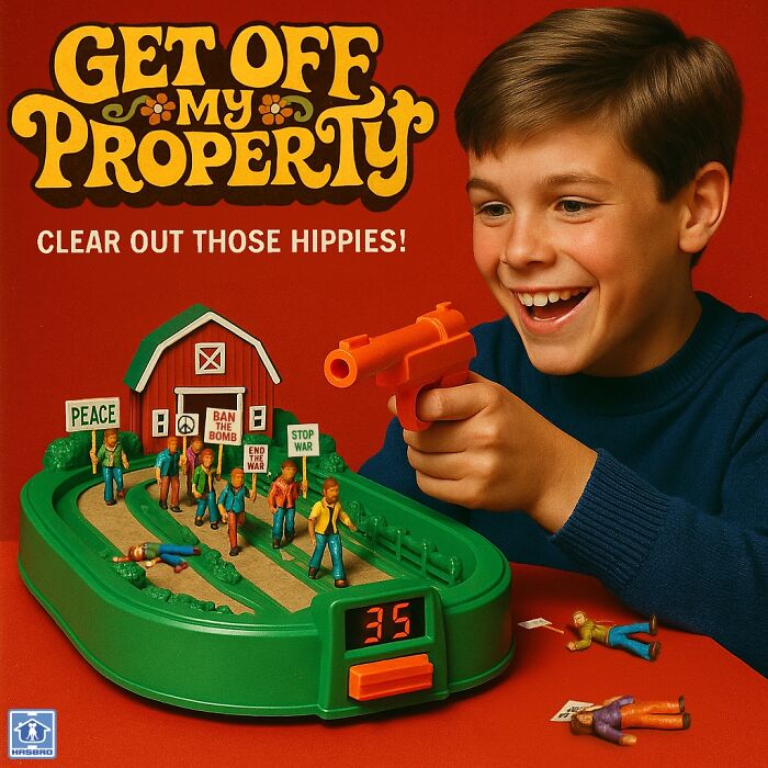 Boy playing dark toy set with protest figures and signs, highlighting hilarious dark toys never meant for kids by an artist.