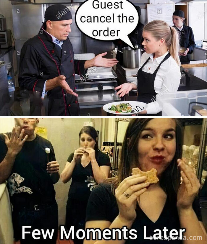 Chef and waitress frustrated by canceled order, followed by hospitality workers eating snacks during a break, relatable hospitality memes.