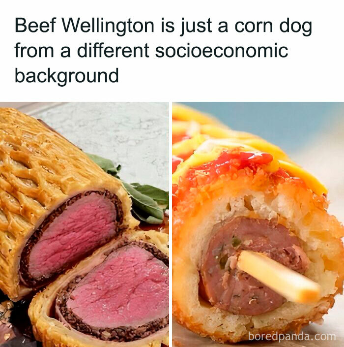 Funny hospitality meme comparing Beef Wellington to a corn dog, highlighting relatable working in hospitality humor.