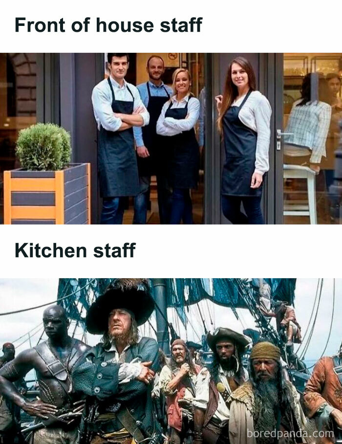 Front-of-house staff in clean uniforms standing confidently, kitchen staff depicted as rugged pirates on a ship.