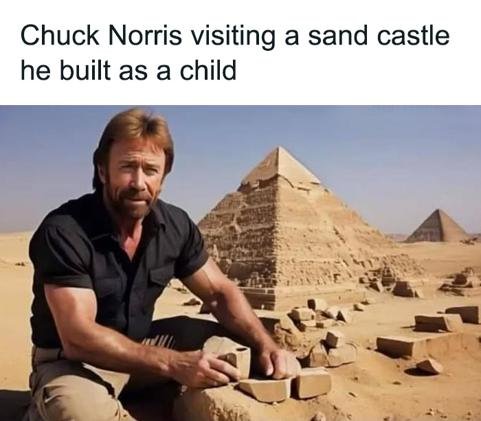 Chuck Norris humor meme illustrating sarcasm with a joke about visiting a sand castle he built as a child.