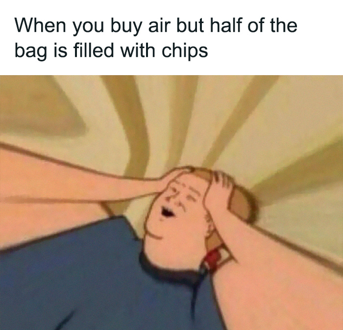 Cartoon character holding head in disbelief with sarcastic meme text about buying air and chips in bag.