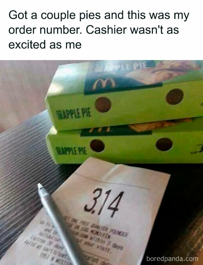 Funny hospitality meme showing apple pie boxes and order number 3.14, humorously linking food and work in hospitality.
