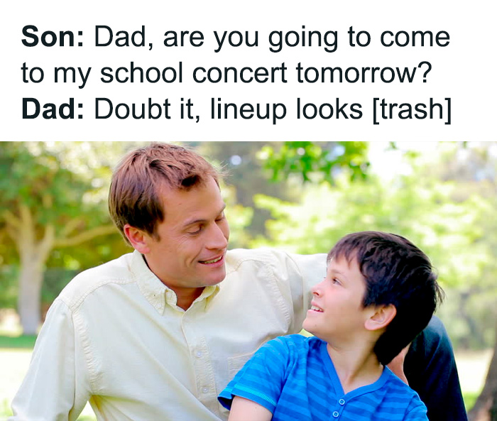 Father and son sitting outdoors with sarcastic meme text about school concert, illustrating fluent sarcasm humor.
