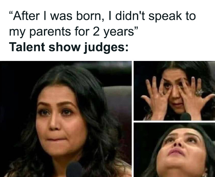Sarcastic talent show judges reacting humorously to a statement about not speaking to parents for 2 years.