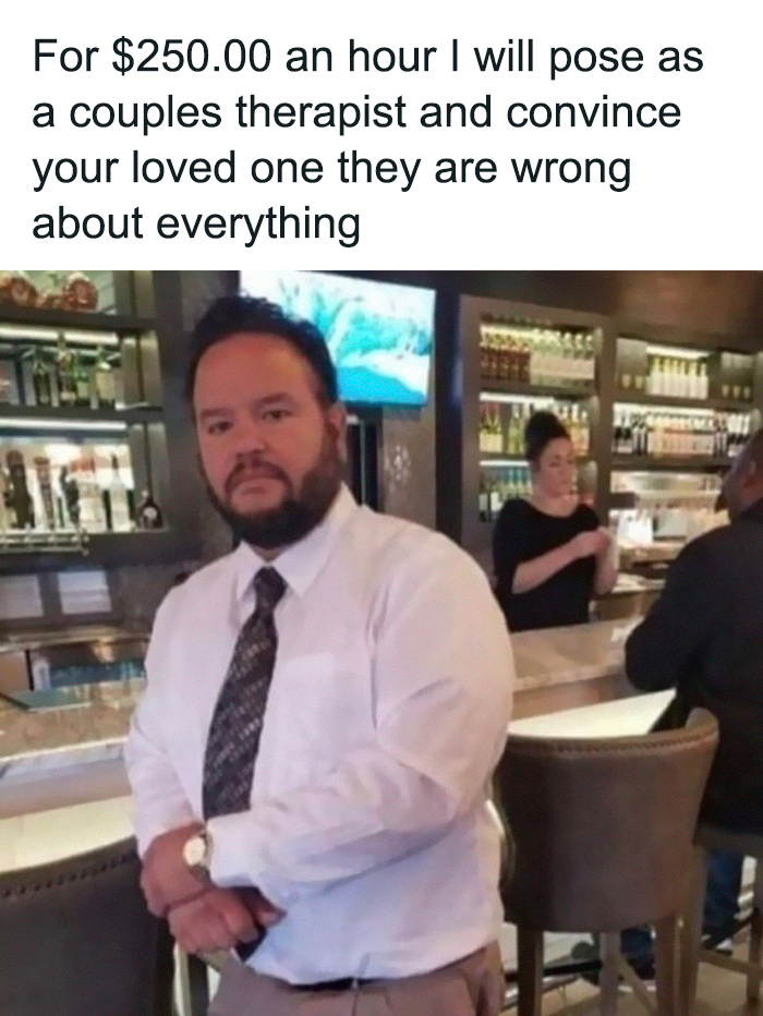 Man in a white shirt and tie posing sarcastically at a bar, representing sarcastic memes about not taking life seriously.