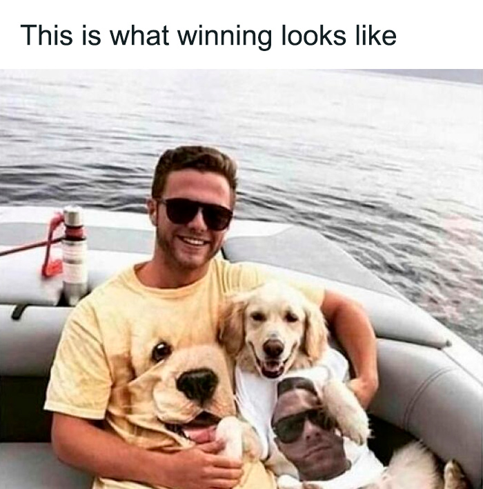 Man and dog wearing matching funny shirts on a boat, illustrating humor and sarcasm for those who hate taking life seriously.