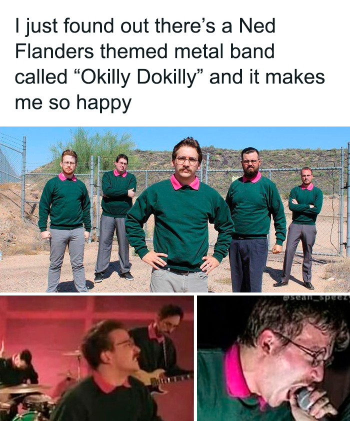 Group of men dressed as Ned Flanders in a metal band performing sarcastic music with a humorous tone.