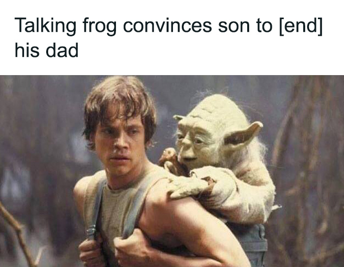 Star Wars scene with Yoda and Luke Skywalker, humorous meme about a talking frog and sarcasm for lighthearted fun.