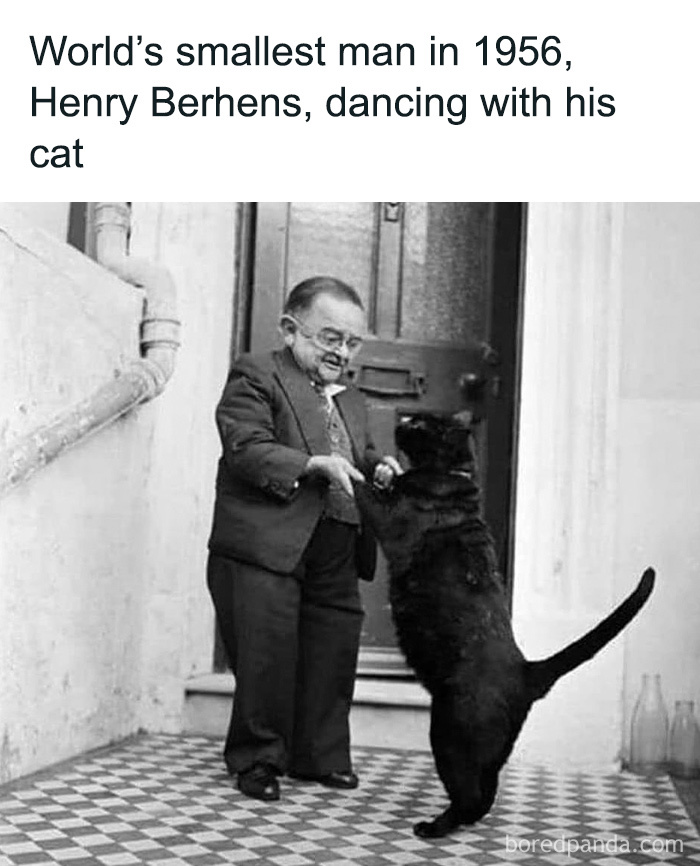 World's smallest man Henry Berhens dancing with a cat in 1956 in a black and white vintage photograph.