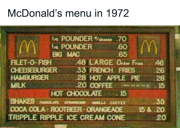 Vintage McDonald’s menu board from 1972 showing prices of burgers, shakes, and classic fast food items with secret facts appeal.
