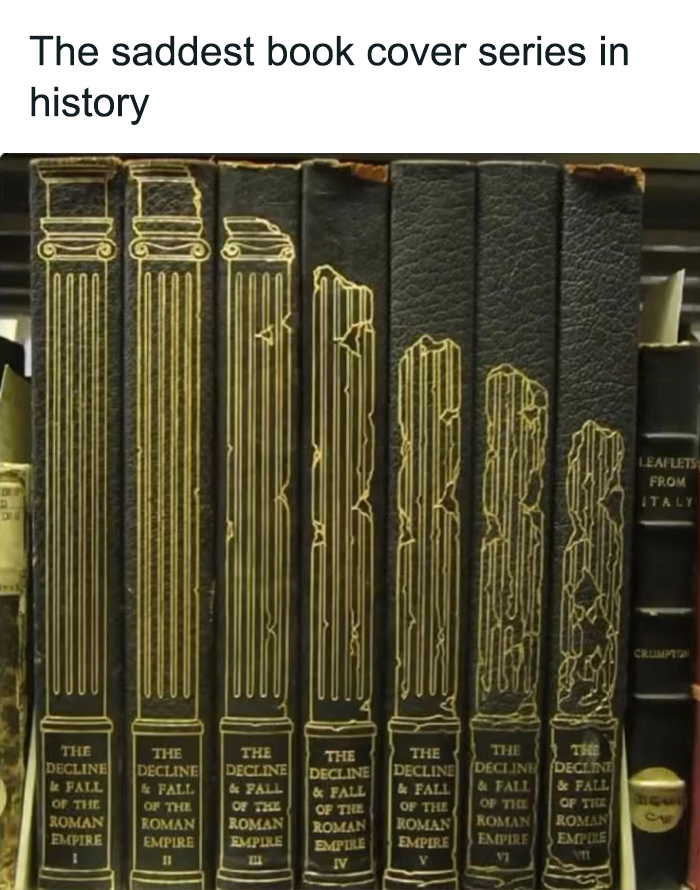 Worn book covers forming a broken column design illustrating secret facts about the decline of the Roman Empire.