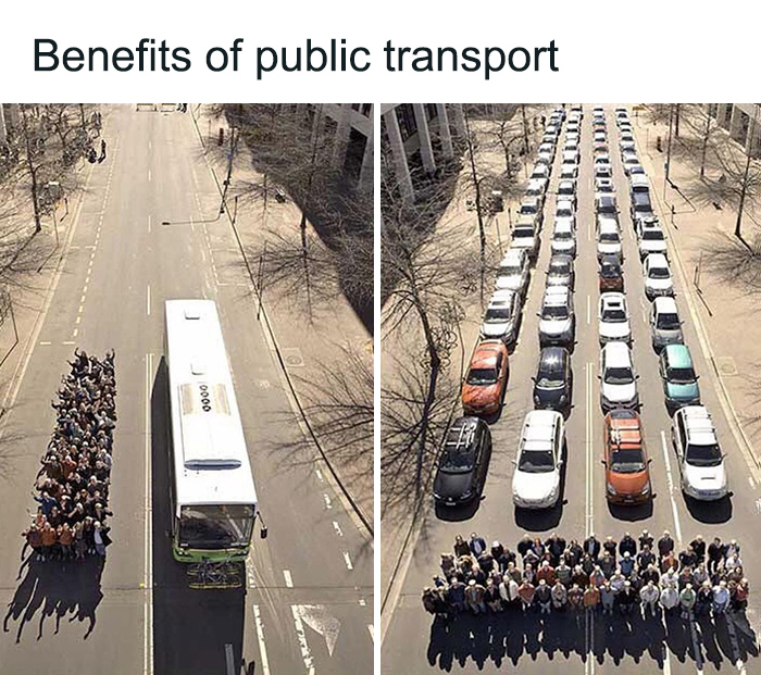 A group of people fitting on a bus versus the same people in individual cars showing secret facts about public transport benefits.