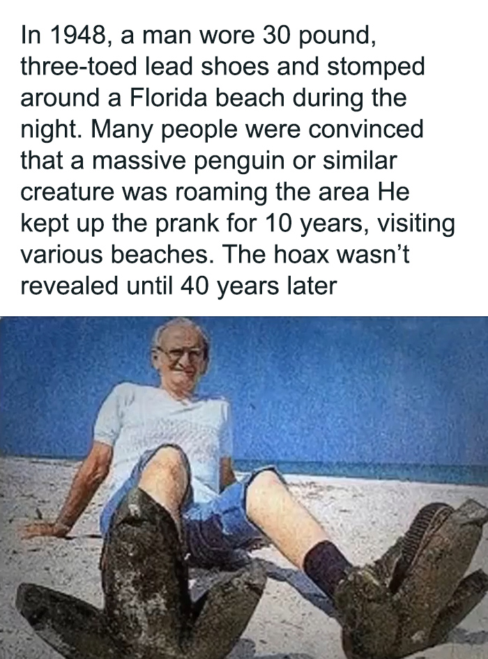 Man sitting on a beach wearing heavy lead shoes in a prank hoax that fooled people for years, secret facts revealed.