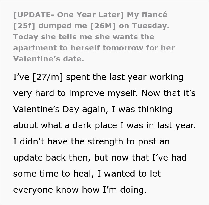 Man reflecting on healing after breakup with ex-fiance, spending Valentine&rsquo;s Day alone in apartment improving himself.