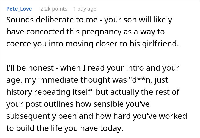 Comment discussing a teen son intentionally causing pregnancy to influence family dynamics and move closer to girlfriend.