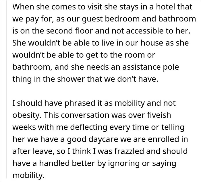 Text excerpt discussing a woman refusing her obese mom to babysit her newborn, addressing mobility and fat shaming issues.