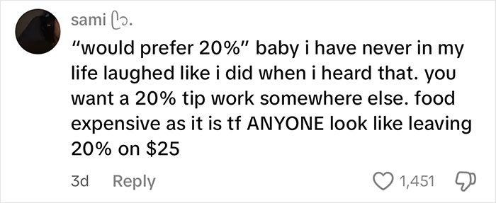 Comment discussing tipping culture with mention of waitress upset after reviewing her tips for the day.