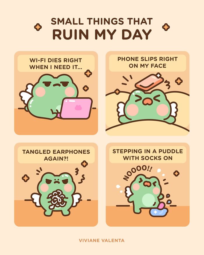 Cute frog illustrations showing relatable daily annoyances like Wi-Fi issues and tangled earphones in food pun art style.