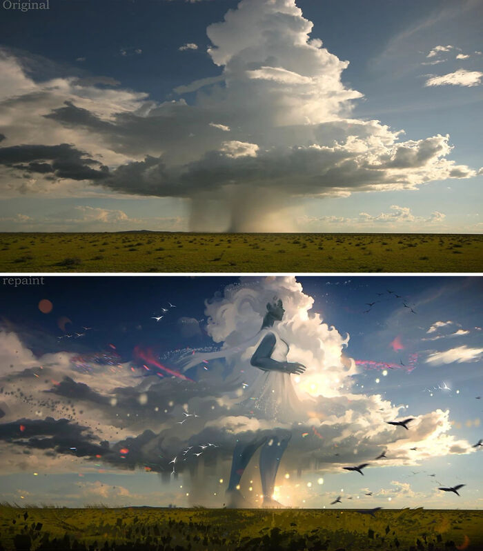 Storm cloud over a plain transformed into a fantastical world with a giant ethereal figure by a repainting artist.
