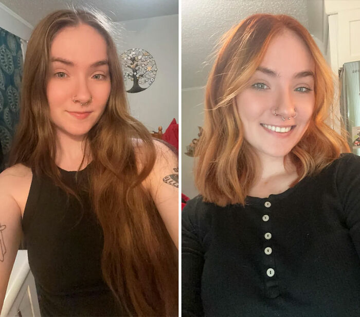 Before and after gorgeous hair transformations showing a woman with long brown hair and shorter vibrant red hair.