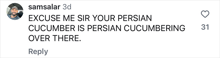 Comment on social media mentioning a Persian cucumber, shared by user samsalar with 31 likes.