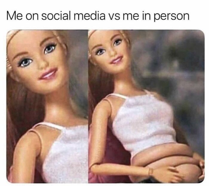Two side-by-side Barbie dolls illustrating funny contrast between appearance on social media and in person.
