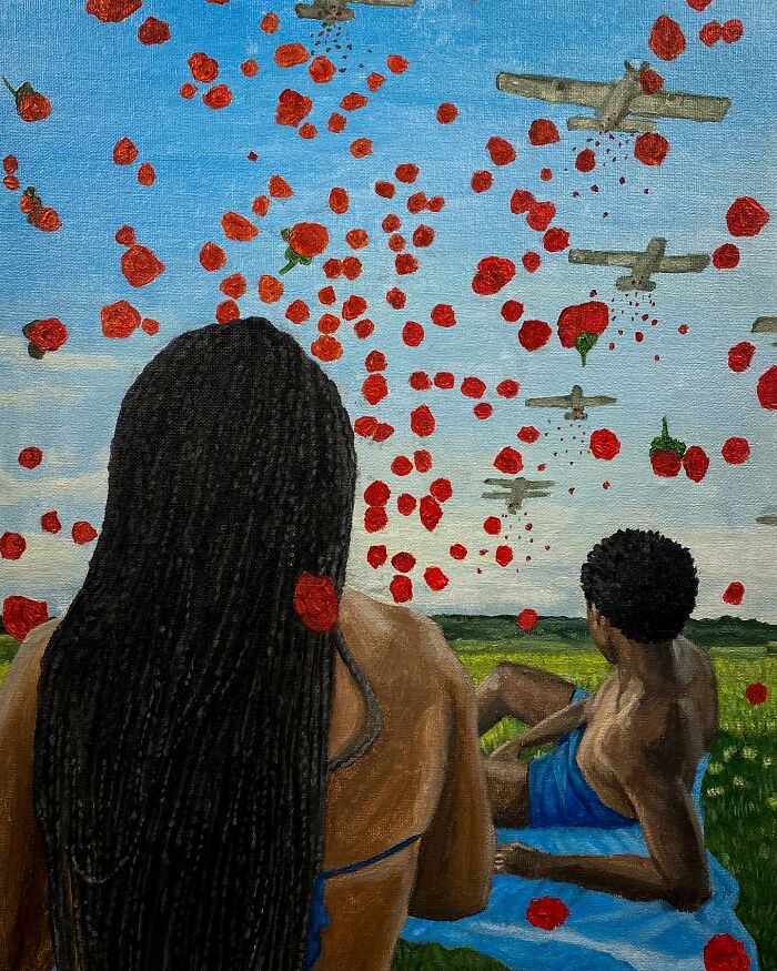 Two people watching planes dropping red flowers, colorful painting exploring colours, space, and identity themes.