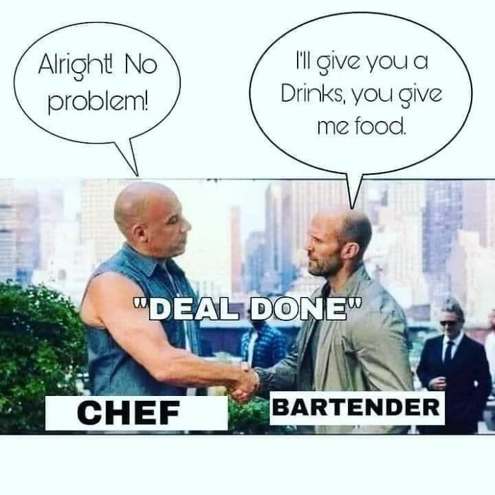 Chef and bartender shaking hands with speech bubbles about exchanging drinks and food, illustrating hospitality work humor.
