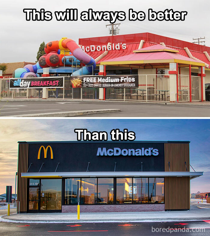 Old and new McDonald's buildings side by side, highlighting nostalgic memories from childhood and changes over time.