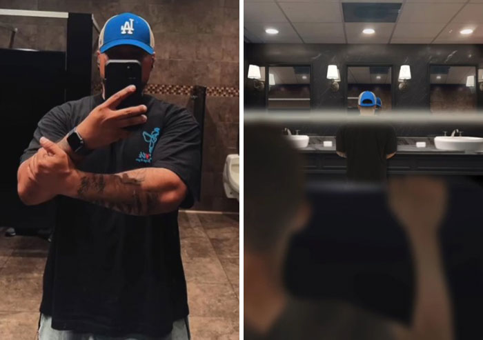Man taking a bathroom mirror selfie with a hilarious Photoshop edit showing a smaller version of himself in front of a mirror.
