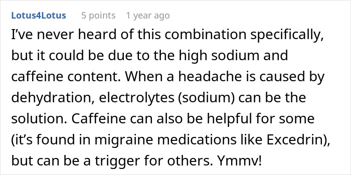 Screenshot of a forum comment explaining how sodium and caffeine in French fries and Diet Coke may help treat migraines.