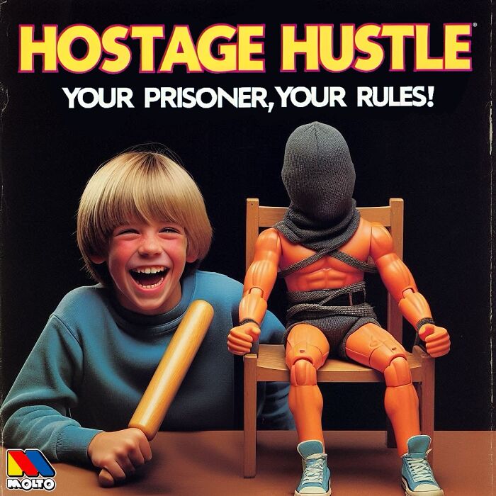 Hilariously dark toy concept featuring a masked action figure tied to a chair beside a laughing child with a bat.