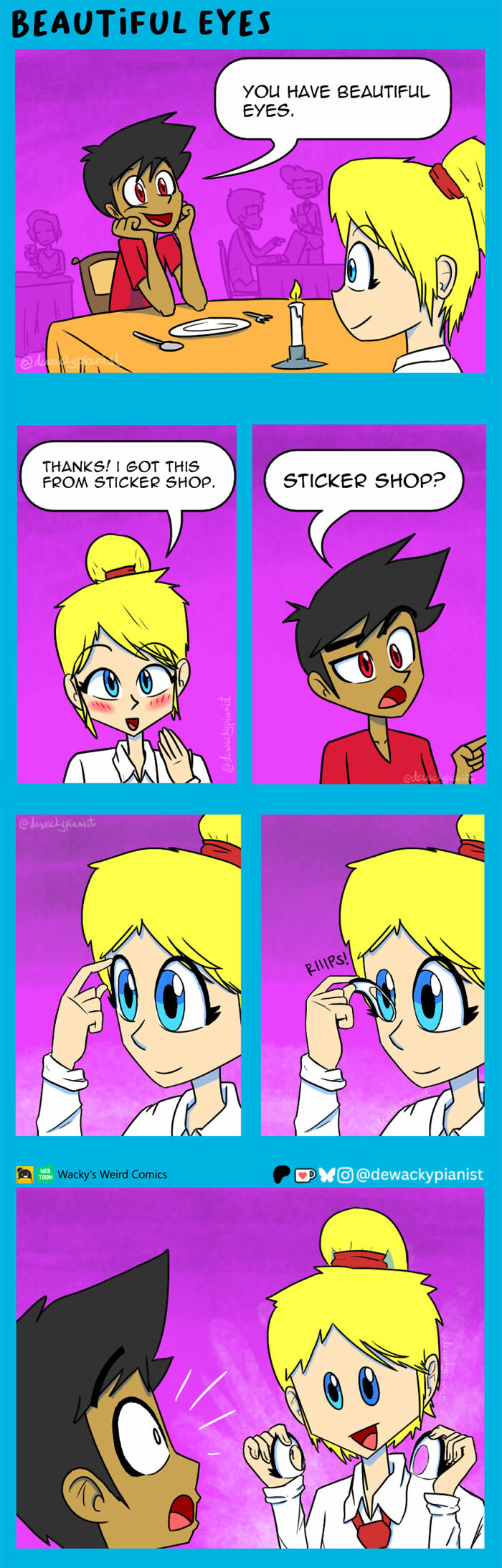 Chaotic and hilarious comics showing a humorous conversation about beautiful eyes and sticker shop stickers.
