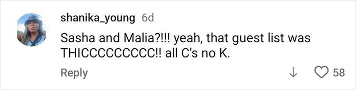 Screenshot of a social media comment praising Sasha Obama and Malia's appearance and guest list at a party. Screenshot of a social media comment praising Sasha Obama and Malia's appearance and guest list at a party.