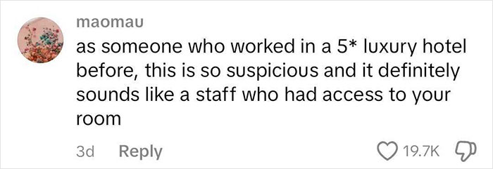 Comment from a former luxury hotel worker discussing suspicious behavior related to staff access in hotel rooms.
