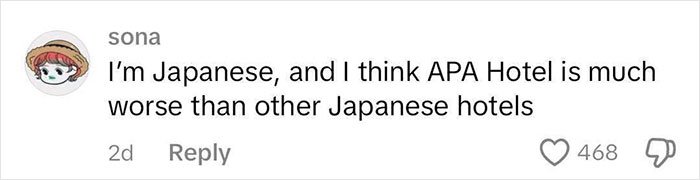 Comment stating Japanese traveler&rsquo;s negative opinion of APA Hotel, comparing it unfavorably to other Japanese hotels.