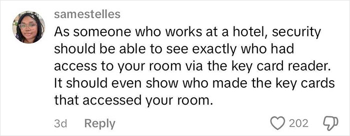 Comment from hotel worker explaining hotel security and key card access control for room safety.