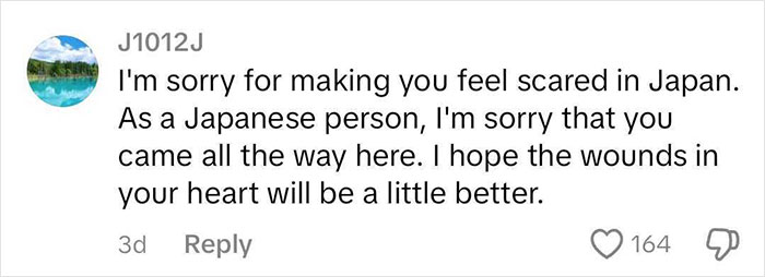 Comment apologizing for causing fear in Japan and hoping the emotional wounds will heal soon, posted by user J1012J.