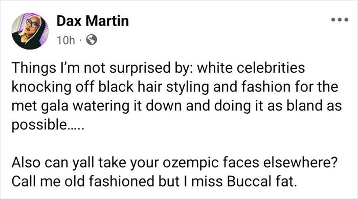 Social media post criticizes Met Gala 2025 white celebrities' fashion and mentions Ozempic faces after dramatic weight loss.