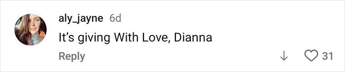 Comment on social media by user aly_jayne saying It’s giving With Love, Dianna, responding to a post about former Glee star Dianna Agron and new accent. Comment on social media by user aly_jayne saying It’s giving With Love, Dianna, responding to a post about former Glee star Dianna Agron and new accent.