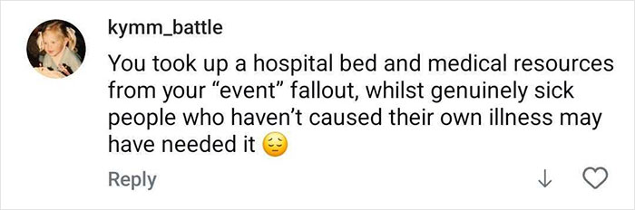 Comment criticizing hospital bed use during event fallout, expressing frustration over medical resource allocation. Comment criticizing hospital bed use during event fallout, expressing frustration over medical resource allocation.