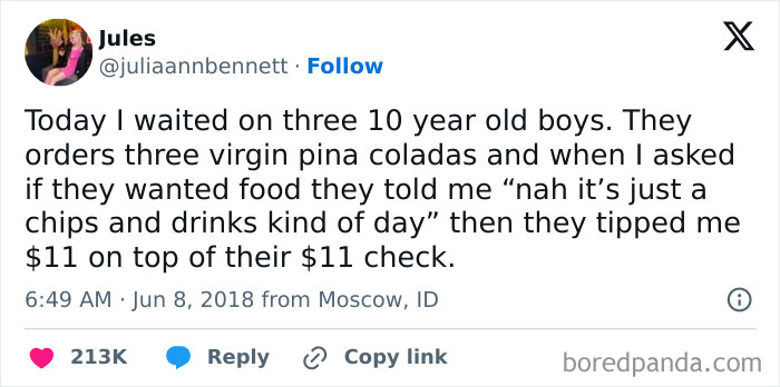 Tweet showing a heartwarming story from a server about kind boys, featured for daily serotonin boost inspiration.