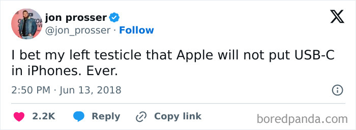 Tweet by Jon Prosser predicting Apple will never include USB-C in iPhones, an example of things that aged badly and went sour.