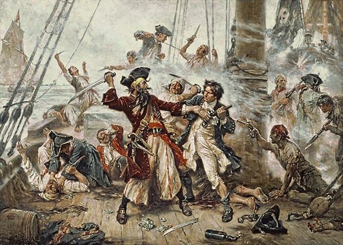 Historical pirate battle scene on a ship deck illustrating fascinating today I learned facts about maritime history.