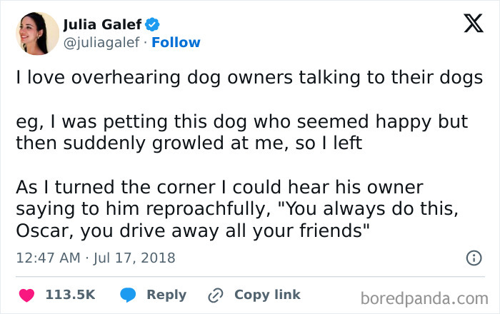 Tweet about overhearing dog owners talking to their dogs, featuring a funny and wholesome dog meme about dog behavior.
