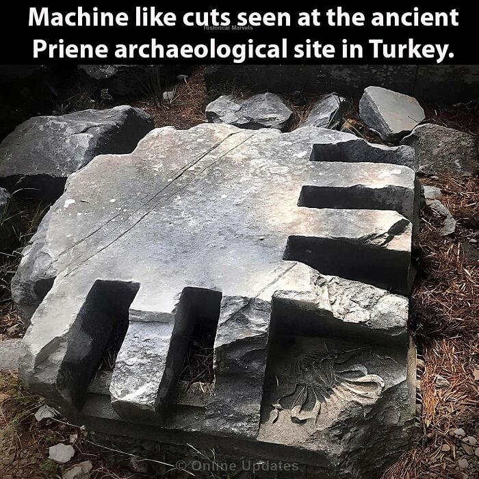 Machine-like cuts on ancient stone at the Priene archaeological site in Turkey, showcasing fascinating ancient history details.