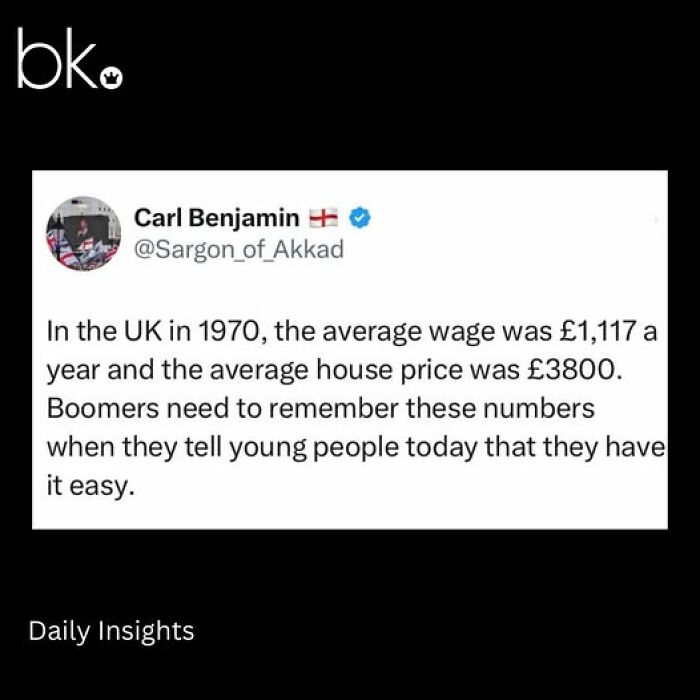 Tweet by Carl Benjamin highlighting UK 1970 wages and house prices, showcasing British humor and social commentary.